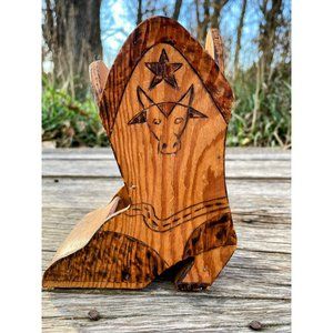 Vintage Folk Art Wood Western Boot Shaped Match Holder/Safe